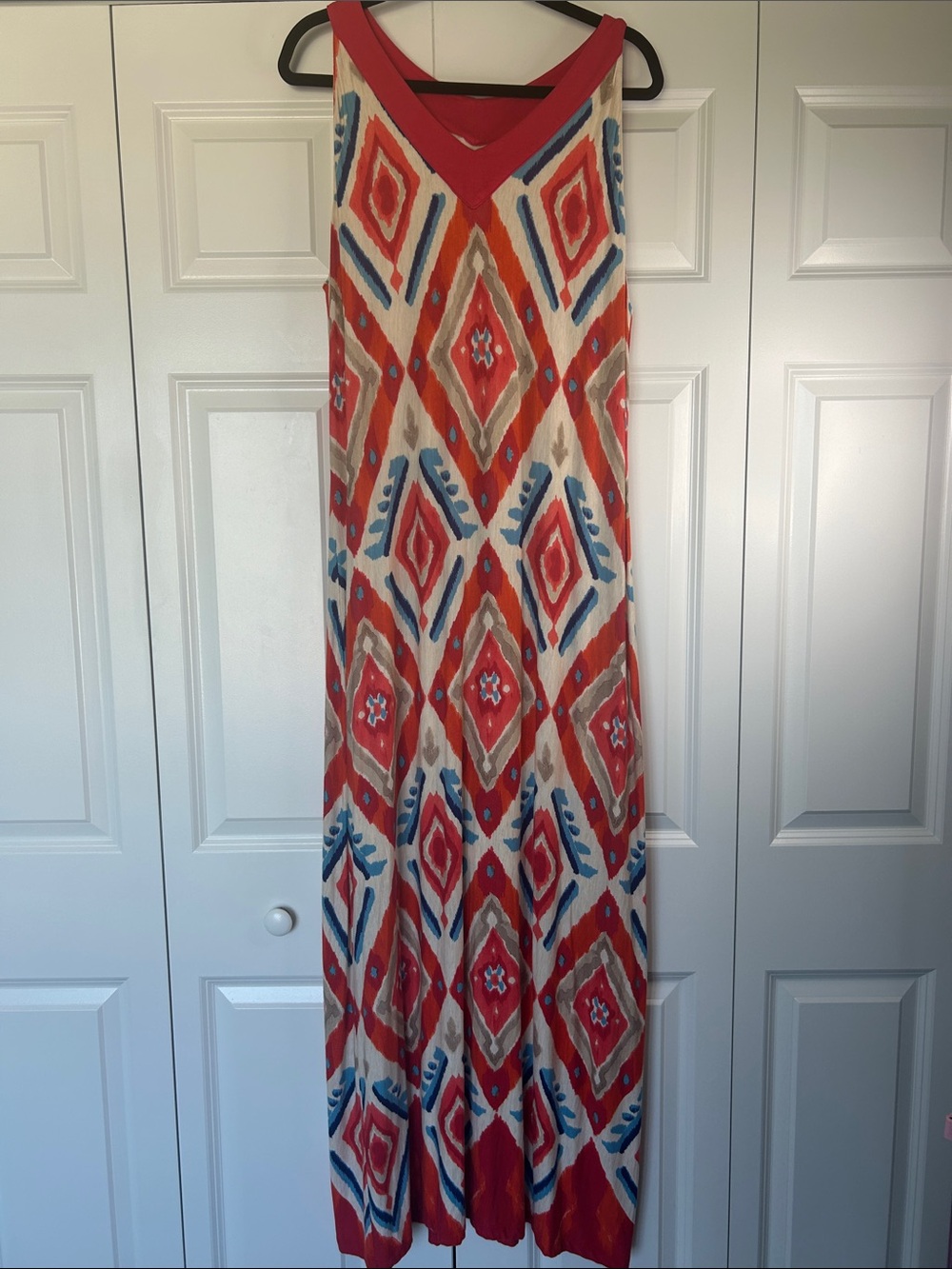 Chico's Orange, Blue, Cream Geometric Maxi Dress